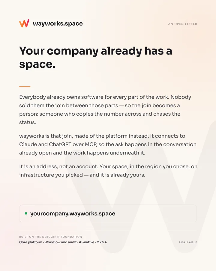 The wayworks letter, app variant — a peaceful sheet
        carrying the wayworks mark, the DebugInit wordmark and the address
        yourcompany.wayworks.space